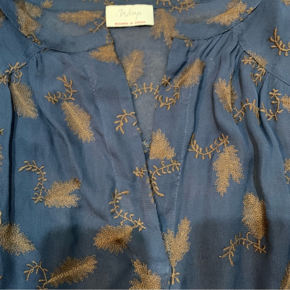 Wrap London sheer Navy blue with tan design, waist ties and button detail US Sz4 - Picture 2 of 10